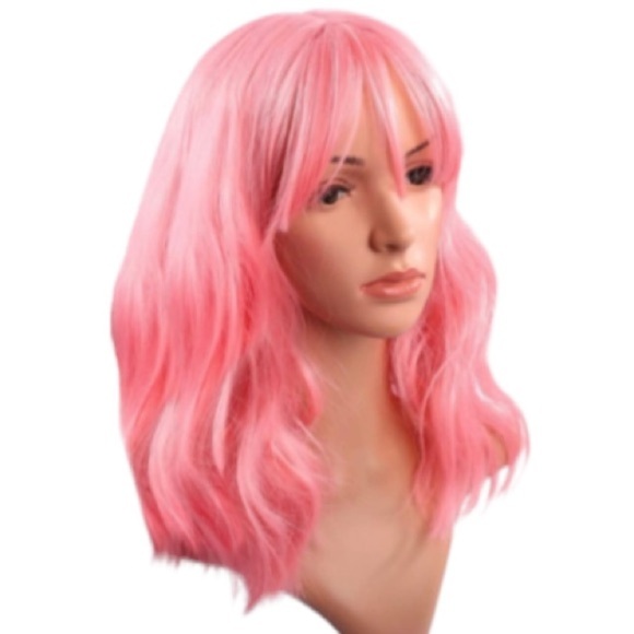 Pink Wig With Bang 15” Crimped Hair Medium Length Pastel - Picture 1 of 8